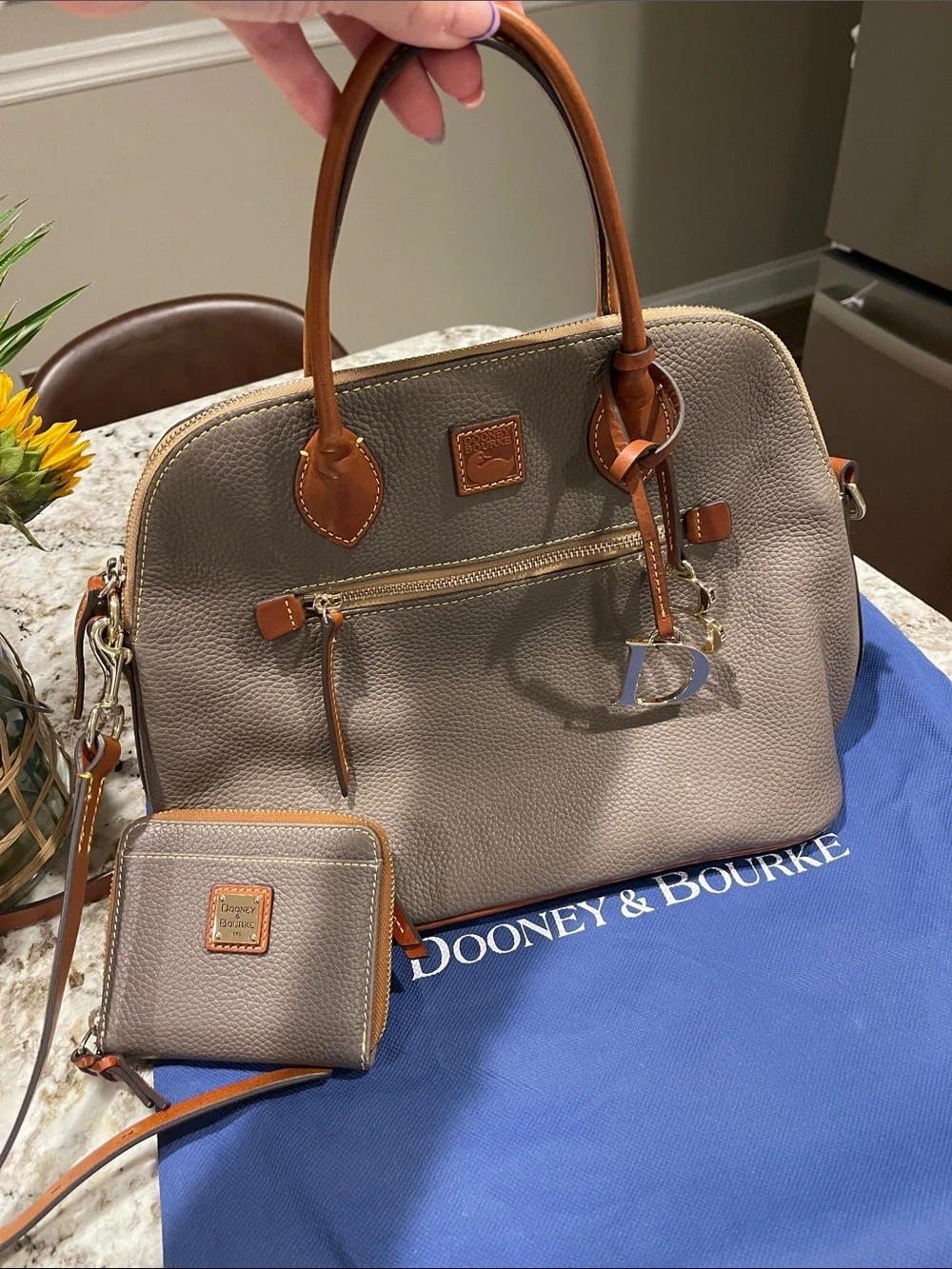 Dooney & Bourke Tall Domed Pebbled Leather Satchel in Elephant with wallet